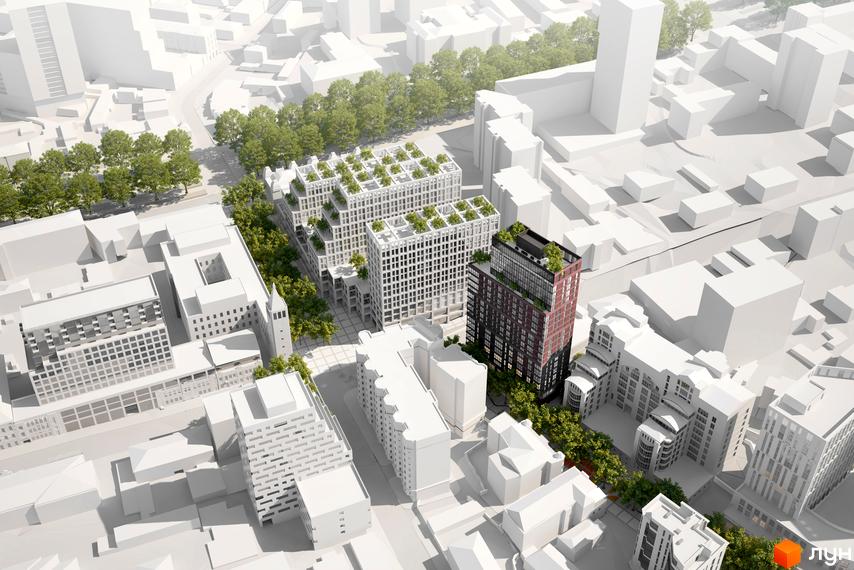 Зображення житлового комплексу Катеринославський I. Високі будинки з терасами та озелененням на дахах. Навколишня територія з деревами та іншими будівлями.