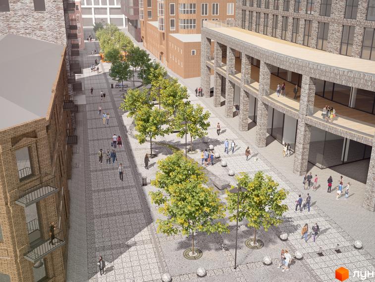 Зображення сторінки житлового комплексу ЖК Катеринославський I. Архітектура з цегли, простора прибудинкова територія з деревами та пішохідною зоною.