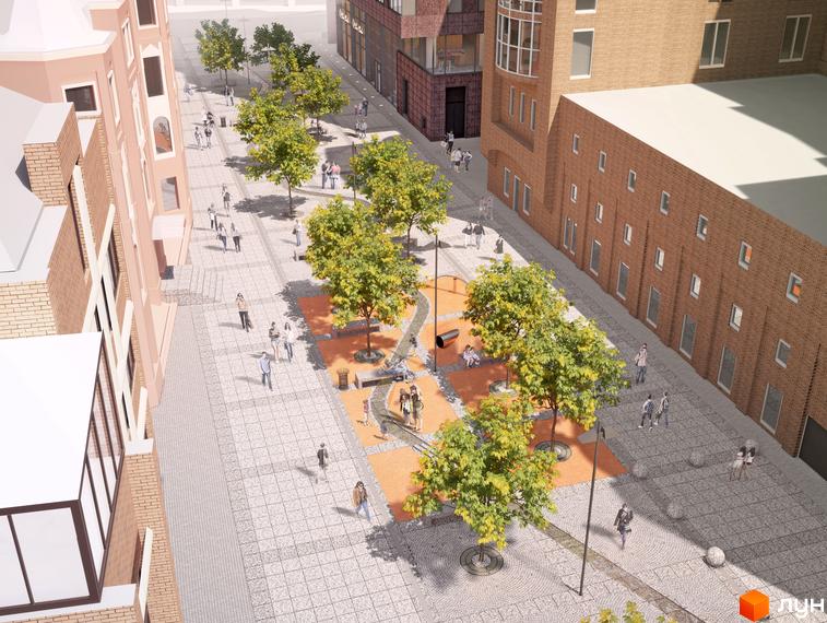 Вид на ЖК Катеринославський I. Архітектурний проєкт з будівлями з цегли та брукованою прибудинковою територією з деревами та пішоходами.