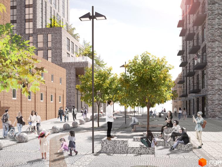 Зображення житлового комплексу ЖК Катеринославський I. Архітектура з цегляними фасадами та балконами. На території – пішохідна зона з деревами та місцями для відпочинку.