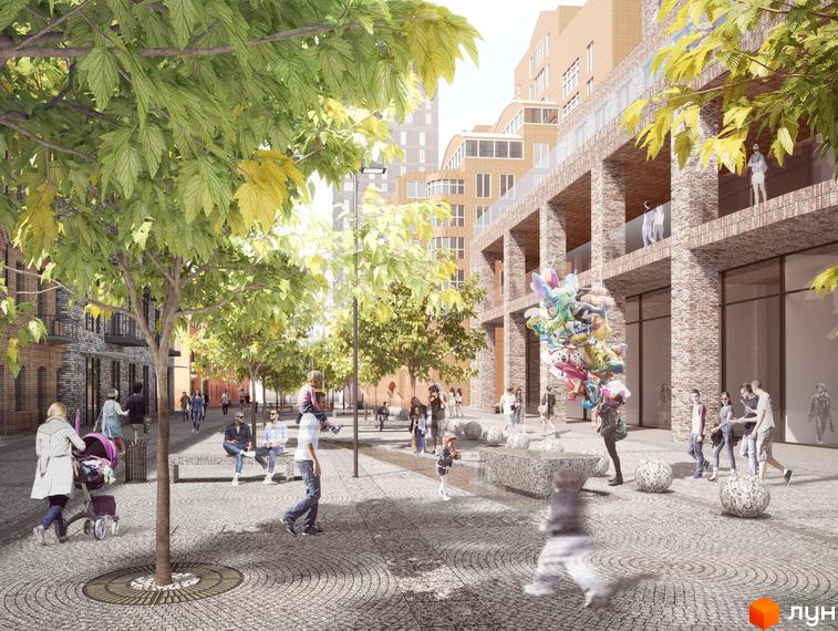 Житловий комплекс Катеринославський I. Архітектурний проєкт з цегляними фасадами та великими вікнами. Простора прибудинкова територія з деревами та пішохідними зонами.