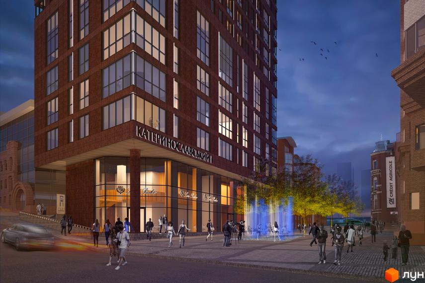 Житловий комплекс Катеринославський I. Висотна будівля з великими вікнами та скляним фасадом. На площі перед будинком розташований фонтан та люди.