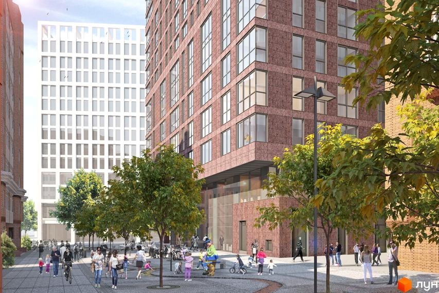 Житловий комплекс Катеринославський I. Висотна будівля з червоної цегли з великими вікнами. На прибудинковій території багато дерев та людей.