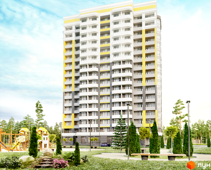 Житловий комплекс Вектор - висотна новобудова з жовтими елементами фасаду та балконами. Поруч дитячий майданчик, ландшафтний дизайн з деревами та лавками.