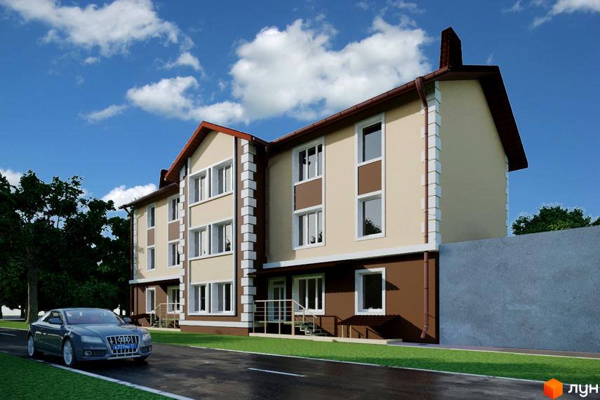 Житловий комплекс Дім на Набережній. Зовнішній вигляд триповерхової новобудови з коричневими та бежевими фасадами, білими декоративними елементами та червоним дахом. Поруч дорога, зелена галявина та дерева.