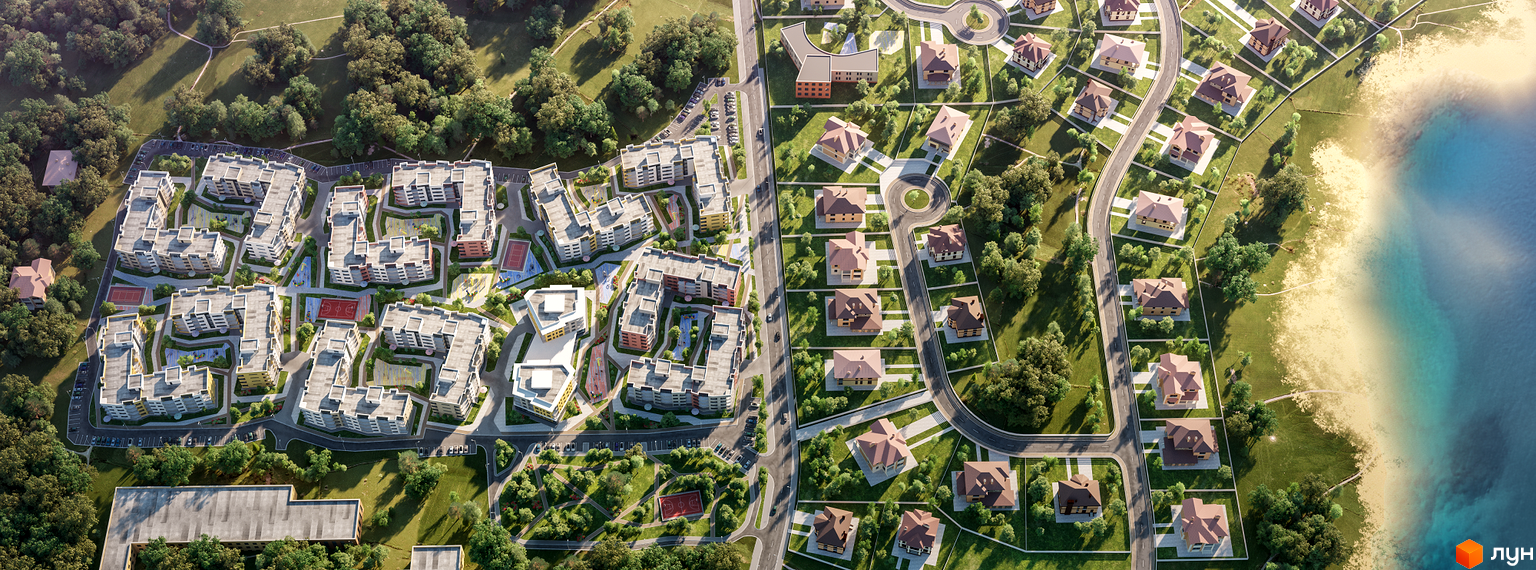 Вид згори на житловий комплекс Італійський квартал з багатоповерховими будинками та котеджами, що розташовані біля водойми та лісу. Територія комплексу облаштована зонами відпочинку та спортивними майданчиками.