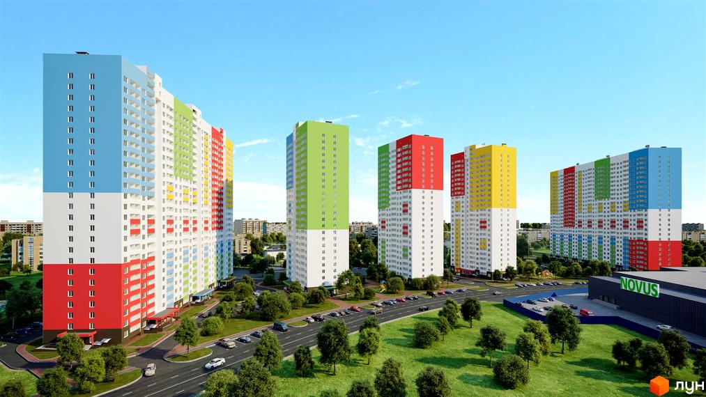 Житловий комплекс Атлант на Київській – яскраві багатоповерхові будинки з кольоровими фасадами. Навколо зелена зона з деревами та парковкою автомобілів.