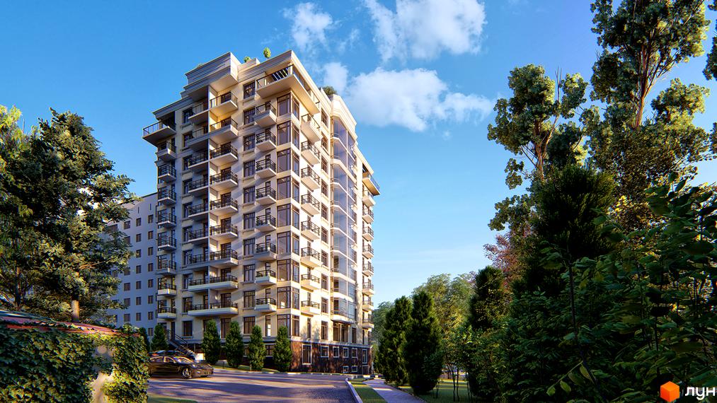 Клубний будинок Люксембург – це багатоповерхова новобудова з балконами та панорамними вікнами, оточена зеленими деревами та доглянутою прибудинковою територією.