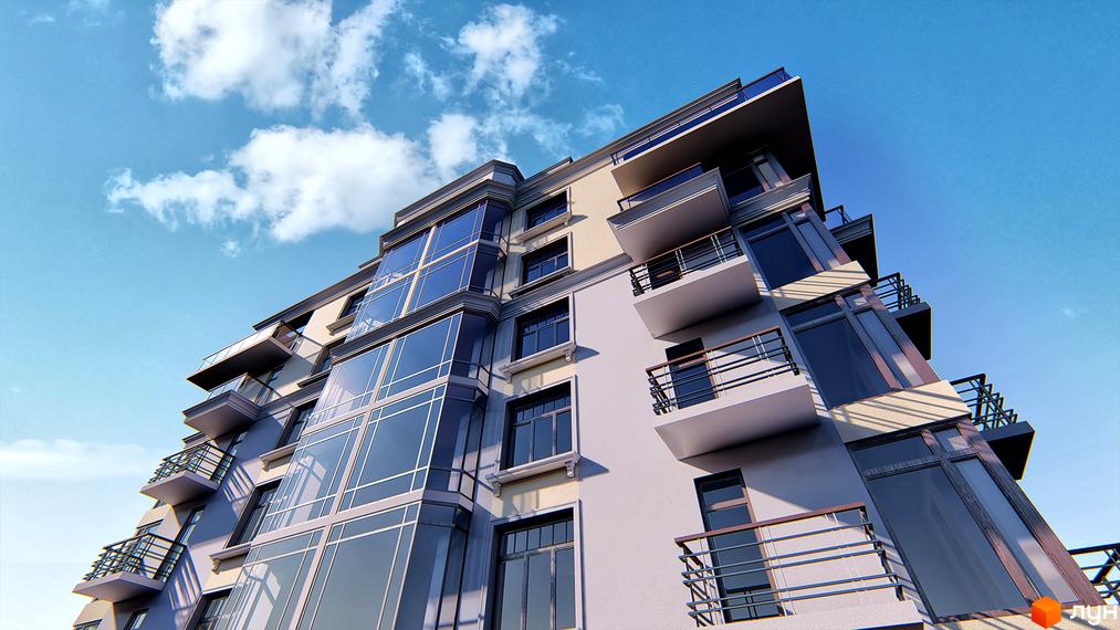 Клубний будинок „Люксембург“ з багатогранними вікнами та виступаючими балконами на фоні хмарного неба. Будівля має незвичайну кутову форму.