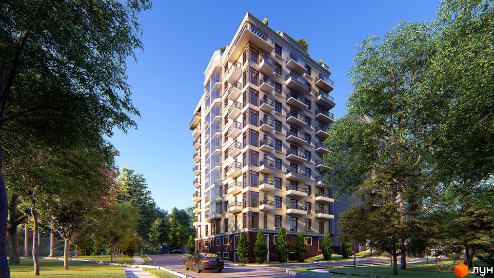 Клубний будинок „Люксембург“ з балконами та панорамними вікнами. Навколо будинку зелена прибудинкова територія з деревами та доглянутим газоном.