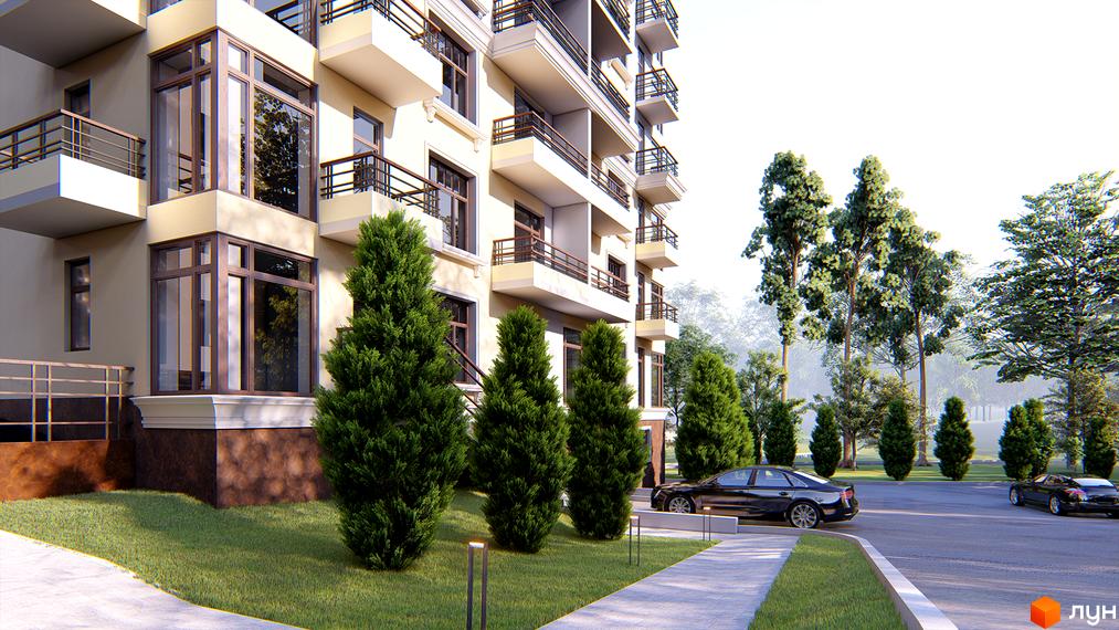 Житловий комплекс Люксембург: фасади будинку з балконами та великими вікнами, зелена прибудинкова територія з деревами та автомобілями.