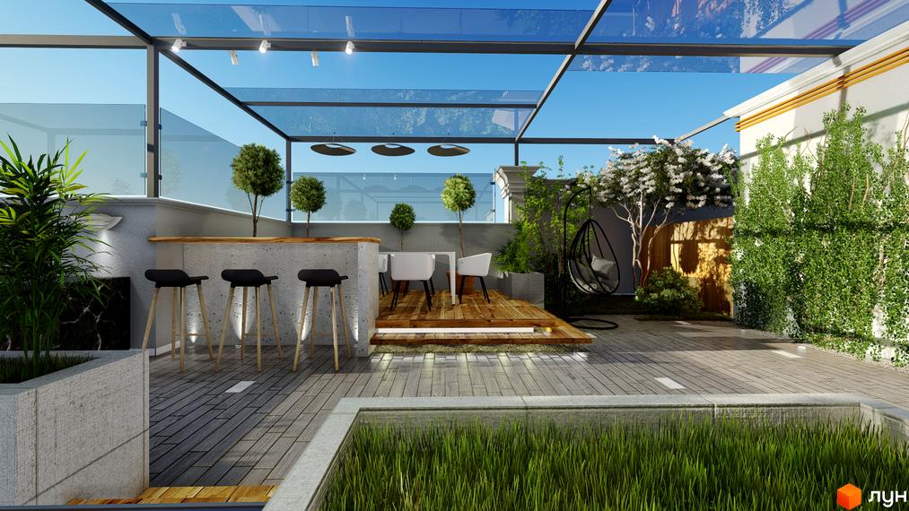 Клубний будинок Люксембург: тераса з баром, зоною відпочинку та зеленню під скляним навісом. Сучасний дизайн екстер'єру та прибудинкової території.