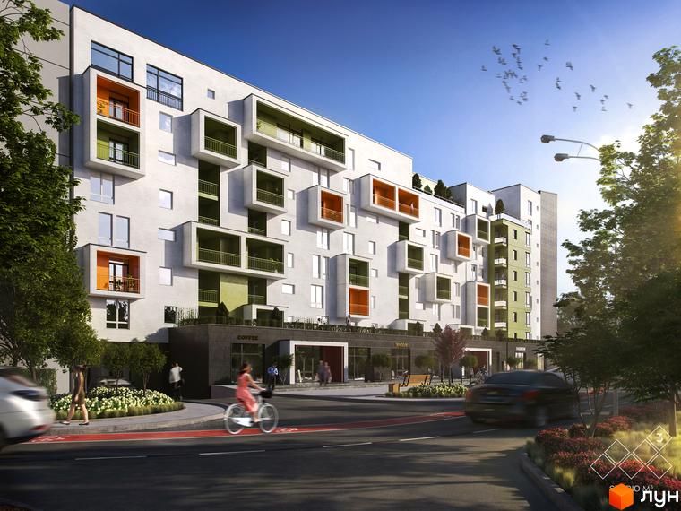 Житловий комплекс Квартал Віденський – фасади з виступаючими кольоровими балконами та вікнами. Навколо будинку зелені насадження та доглянута прибудинкова територія з велодоріжкою.