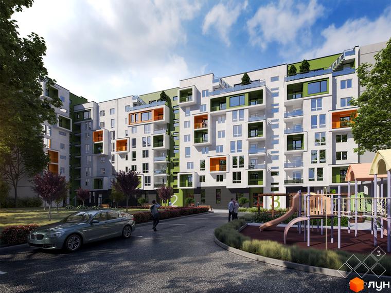 Житловий комплекс Квартал Віденський - сучасна архітектура з яскравими балконами та дитячим майданчиком. Зовнішній вигляд будинку та прибудинкова територія.