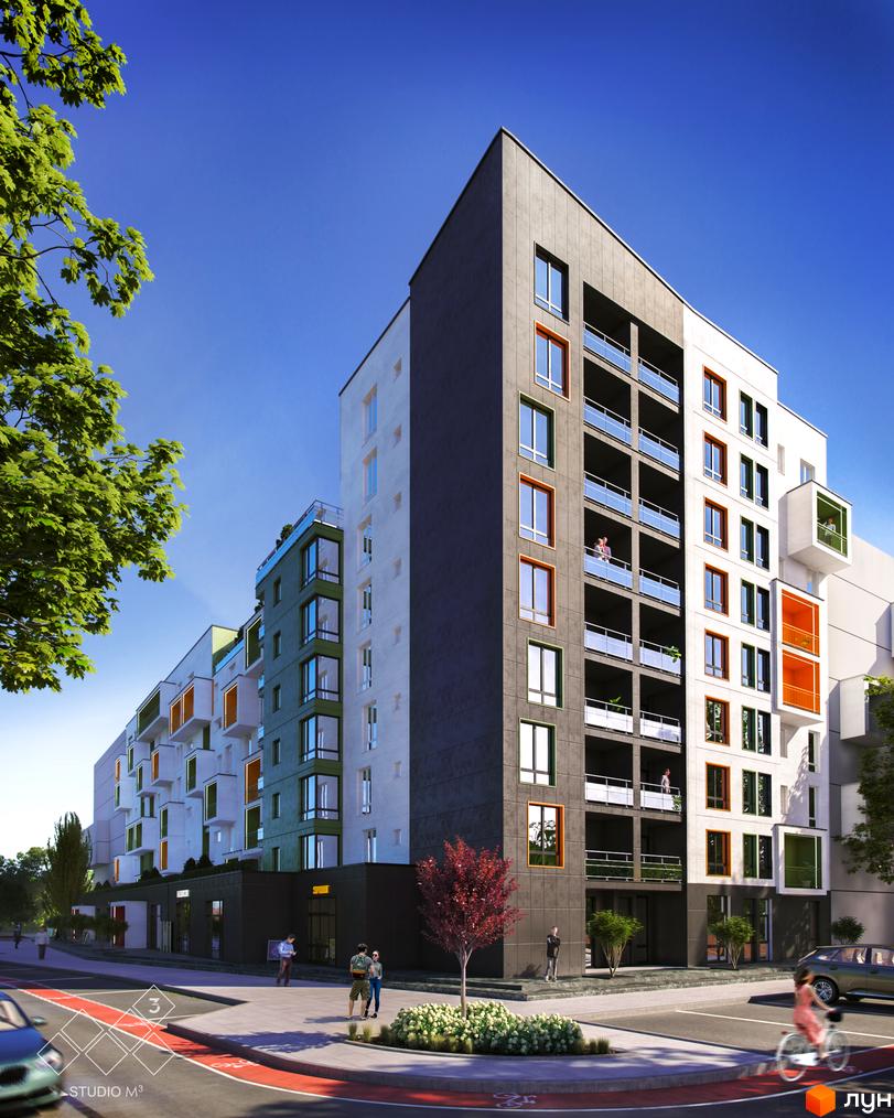 Новобудова Квартал Віденський з фасадами сірого та білого кольору, балконами з прозорими огорожами та зеленими вставками. Територія навколо будинку облаштована деревами та кущами.