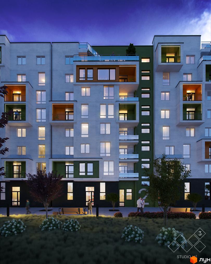 Зовнішній вигляд житлового комплексу Квартал Віденський з балконами та вікнами. На прибудинковій території розташовані лавки та кущі.