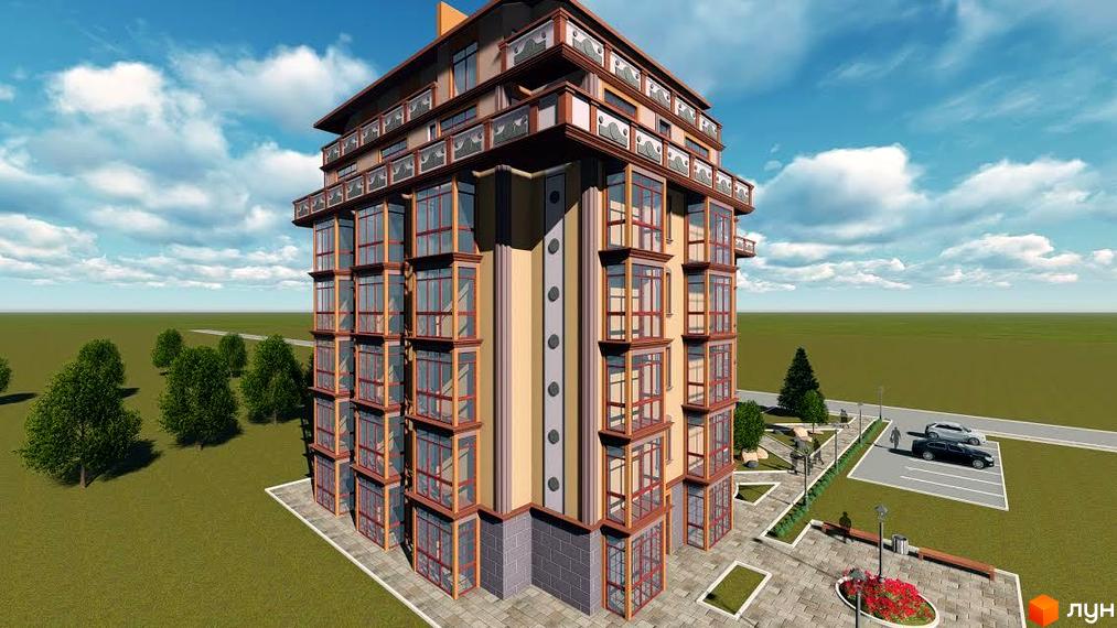 Новобудова ЖК Liberty. Багатоповерховий будинок з панорамними вікнами та балконами. На прибудинковій території облаштовані паркомісця та зелені зони.