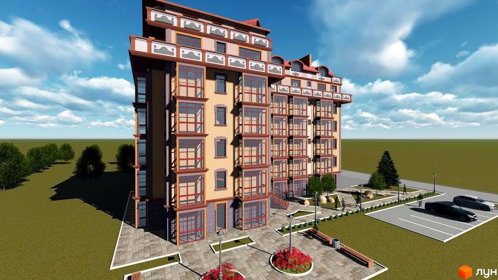 Зовнішній вигляд новобудови ЖК Liberty з багатоповерховими будинками та заскленими балконами. Прибудинкова територія з парковкою та зеленими насадженнями.