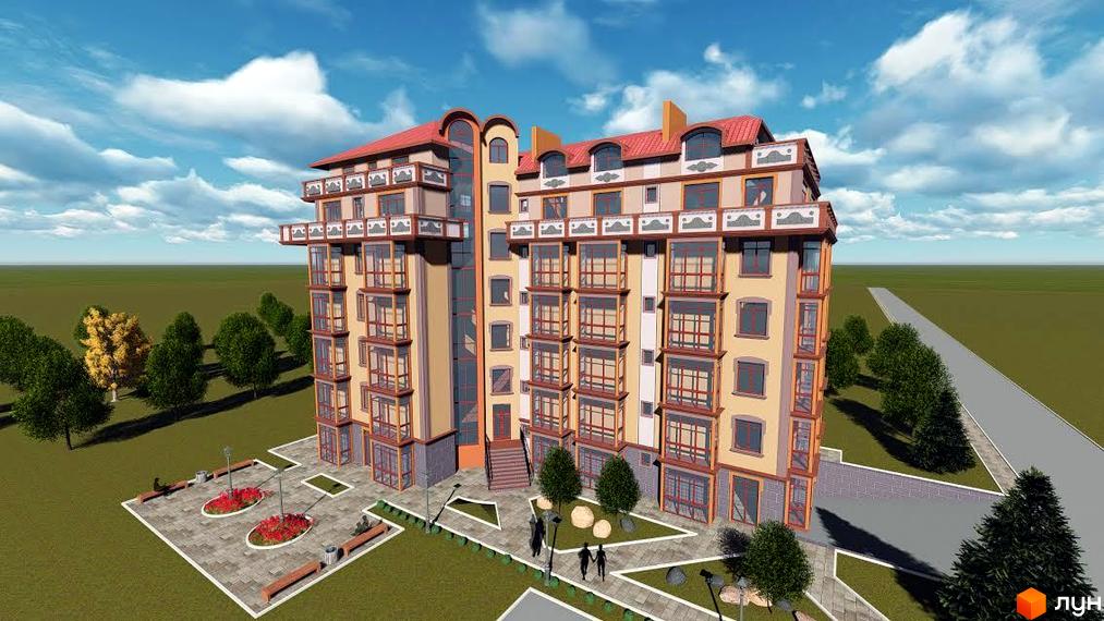 Зовнішній вигляд житлового комплексу Liberty з багатоповерховими будинками, балконами та прибудинковою територією з квітами та лавками.