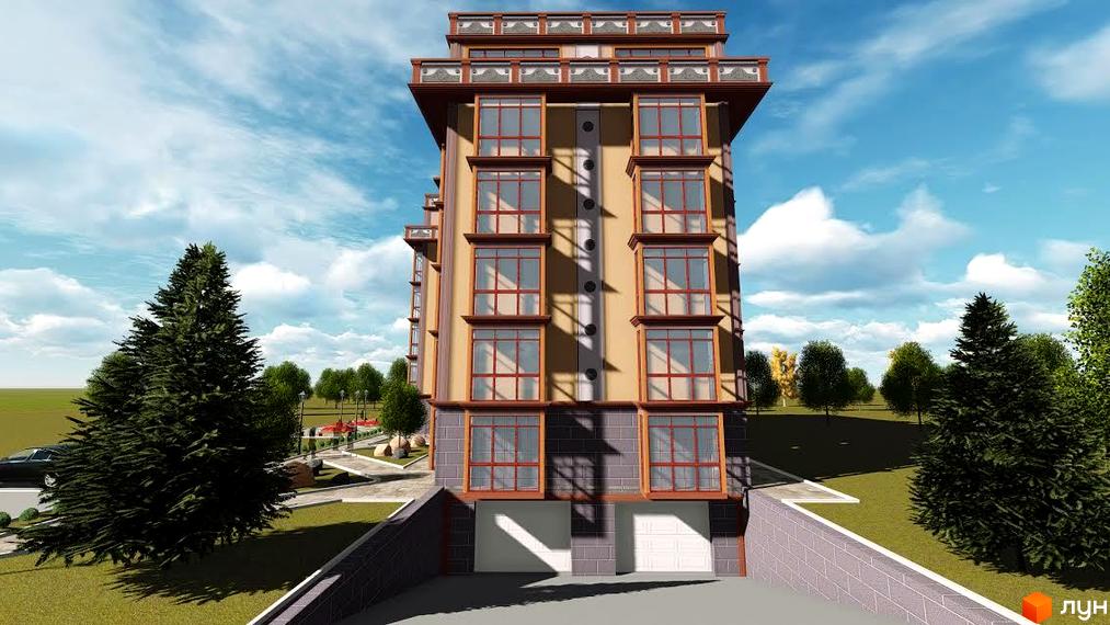 Житловий комплекс Liberty - фасадна частина багатоповерхової новобудови з великими вікнами та балконами. Навколо зелена прибудинкова територія з деревами та доглянутими газонами.