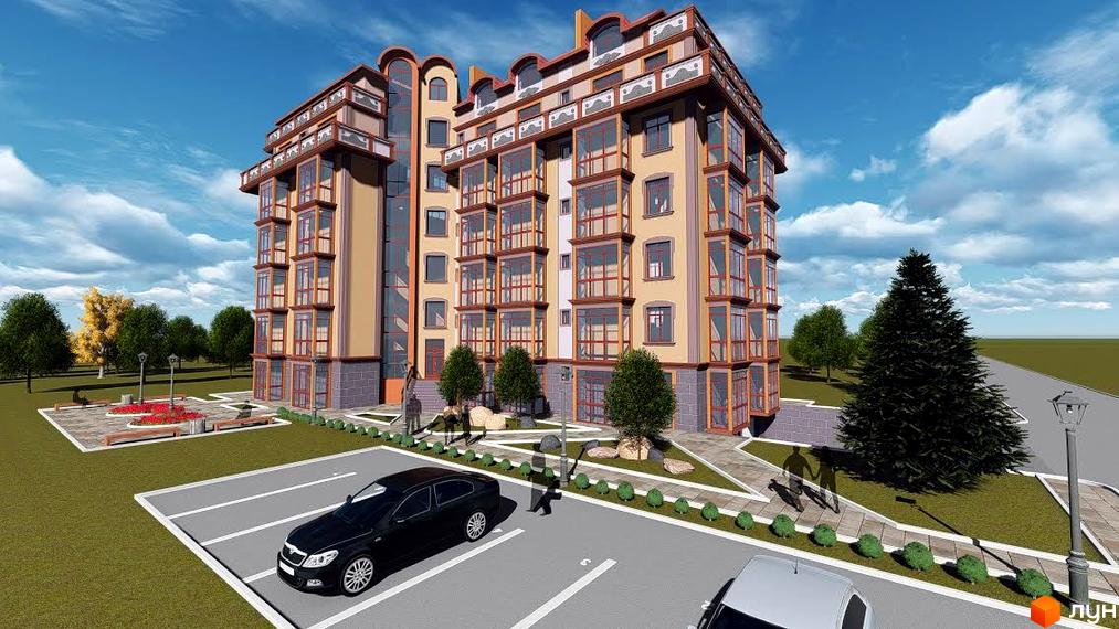 Житловий комплекс Liberty - фасади будинку з балконами та панорамними вікнами, парковка та зелена зона відпочинку. Сучасна архітектура новобудови.