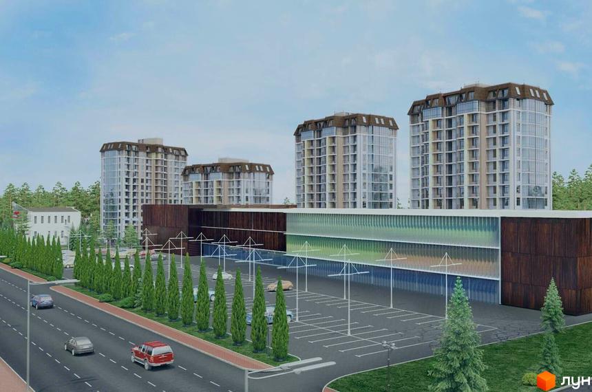 Зображення сторінки житлового комплексу ЖК Жуляни. Високі будинки з великими вікнами та коричневим дахом. Біля будинків є парковка та дорога з деревами.