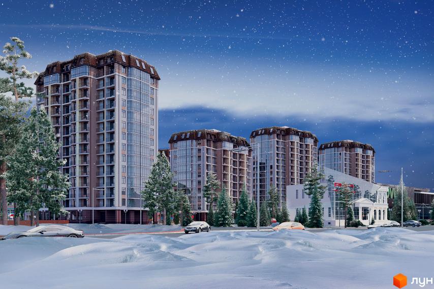 Житловий комплекс Жуляни взимку. Високі будинки з коричневими дахами, навколо сніг та дерева.