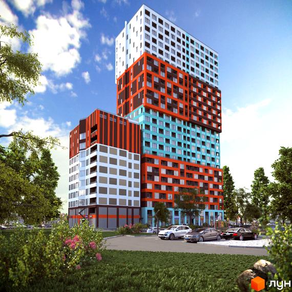 Житловий комплекс А12 має багатоповерхову структуру з секціями білого, помаранчевого, бірюзового та коричневого кольорів. Перед ним розташована парковка з автомобілями та зелена зона.