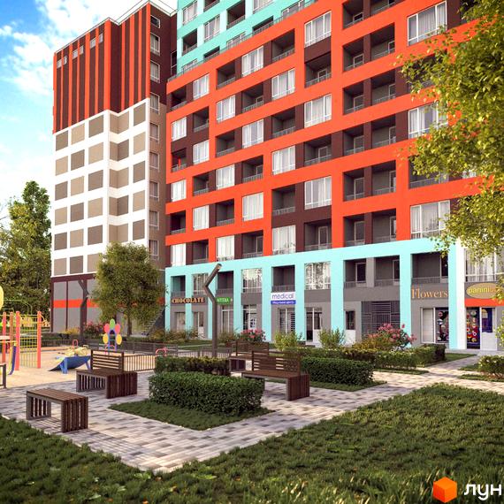 Житловий комплекс А12 на Симоненка: яскравий фасад з балконами та комерційними приміщеннями на першому поверсі. Поруч розташований дитячий майданчик та зони відпочинку з лавками.