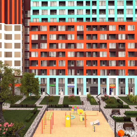 Житловий комплекс А12 на Симоненка. Багатоповерховий будинок з яскравими фасадами оранжевого, бірюзового та коричневого кольорів. Прибудинкова територія з дитячим майданчиком та зеленими зонами.