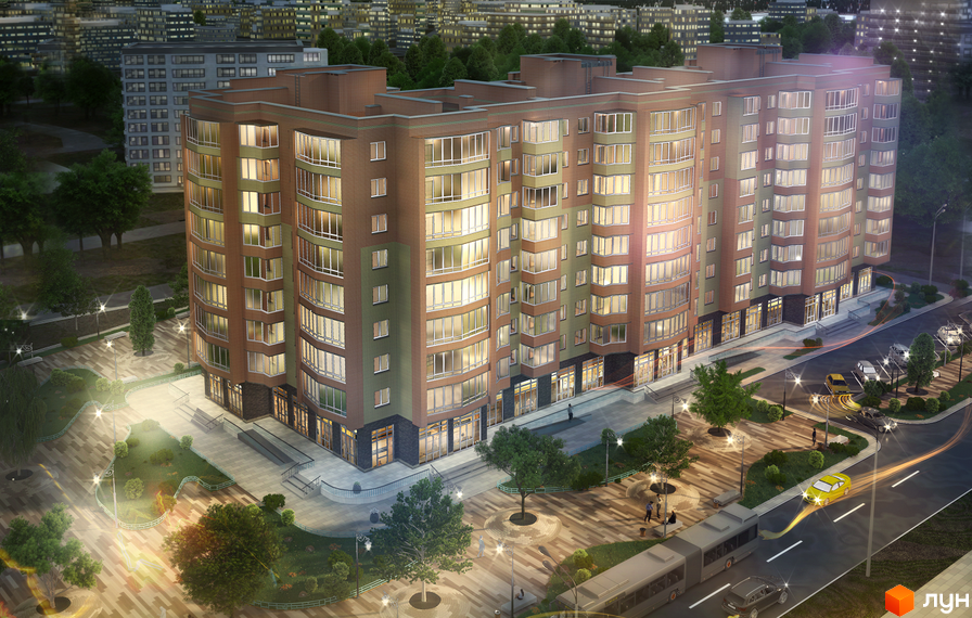 Житловий комплекс Польський бульвар: багатоповерхова будівля з коричневими та світло-зеленими фасадами. Прибудинкова територія з деревами, освітленням та дорогою.