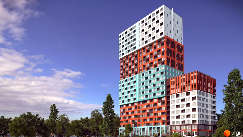 Новобудова ЖК А12 на Симоненка – це багатоповерховий будинок з різнокольоровими фасадами та великою кількістю вікон. Навколо будівлі розташовані дерева та зелені насадження.