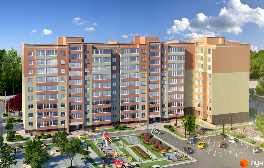 Житловий комплекс Польський бульвар: багатоповерховий будинок з фасадом у світло-коричневих та бежевих відтінках, дитячий майданчик та парковка.