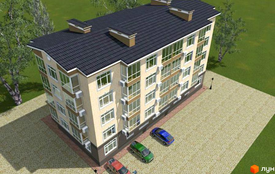 Зображення сторінки житлового комплексу Авалон. Багатоповерховий будинок з великими вікнами та балконами. На прибудинковій території розташовані автомобілі.