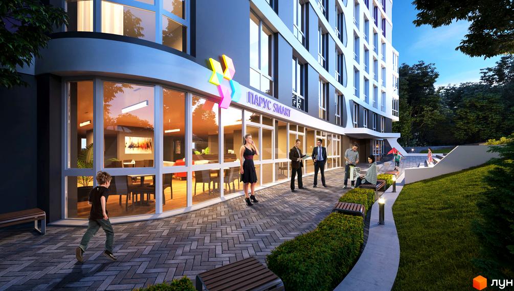 Житловий комплекс Парус Smart: багатоповерховий будинок зі скляними вітринами на першому поверсі. Прибудинкова територія з мощенням, зеленню та лавками.