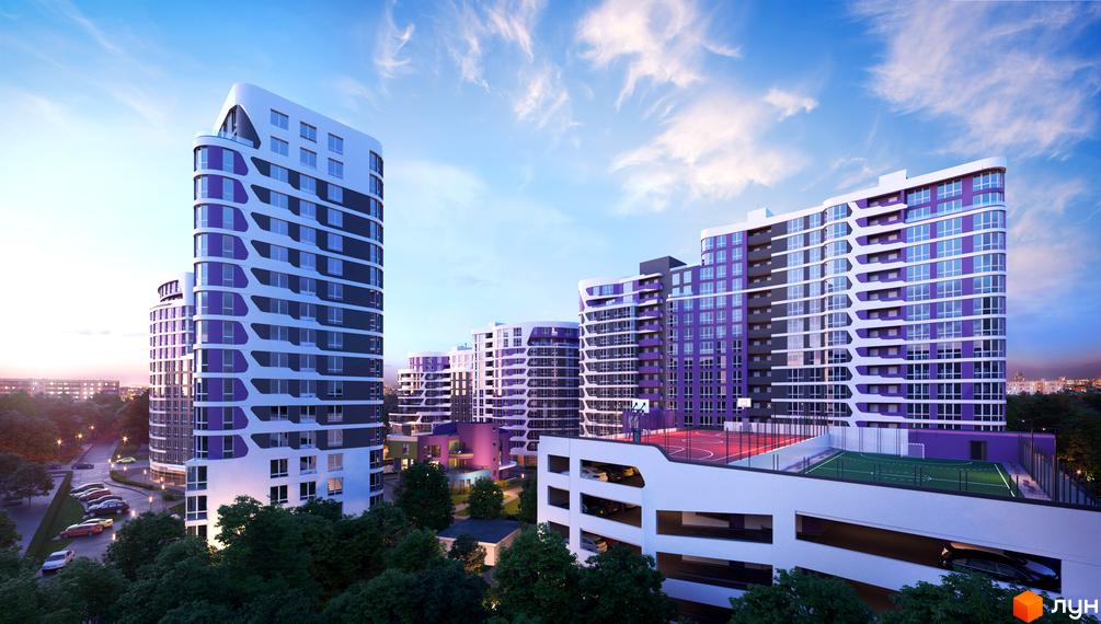 Зображення ЖК Парус Smart з багатоповерховими будинками з фіолетовими балконами та дитячим майданчиком. На передньому плані дерева та парковка.