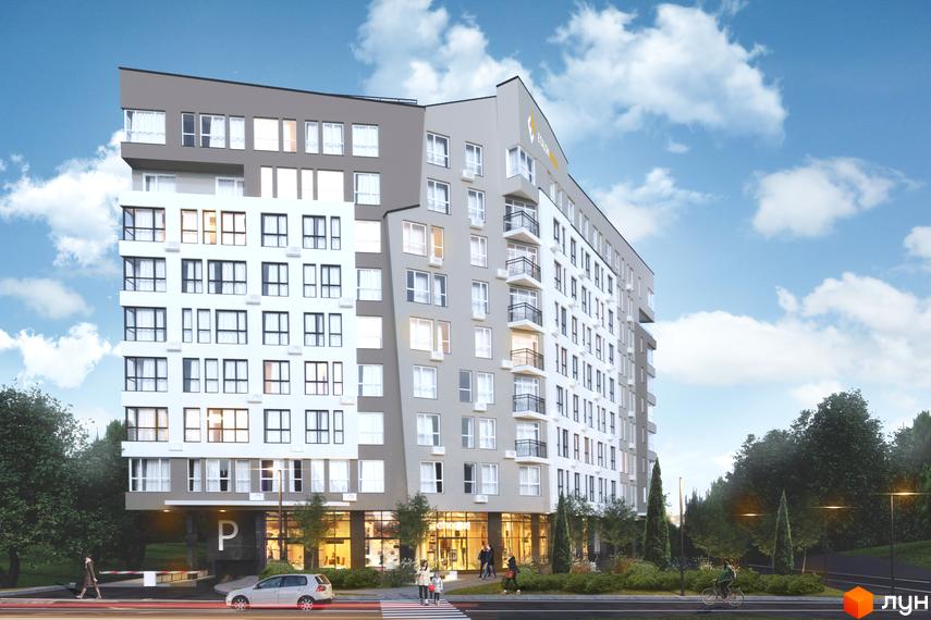 Зовнішній вигляд новобудови ЖК Roland з біло-сірими фасадами та балконами. Прибудинкова територія з деревами та освітленням.