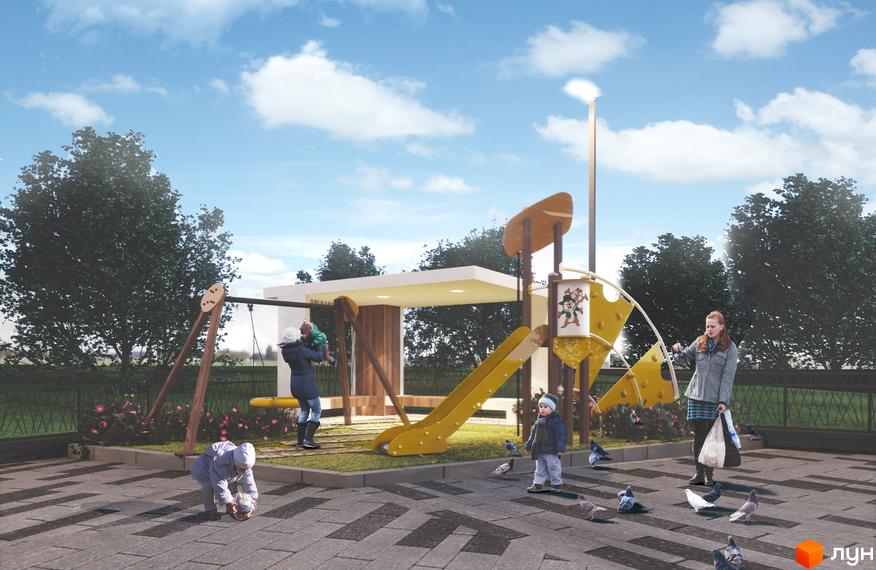 Дитячий майданчик у житловому комплексі Роланд з гіркою, гойдалкою та дітьми. Навколо зелені дерева та квіти, на території граються діти та голуби.