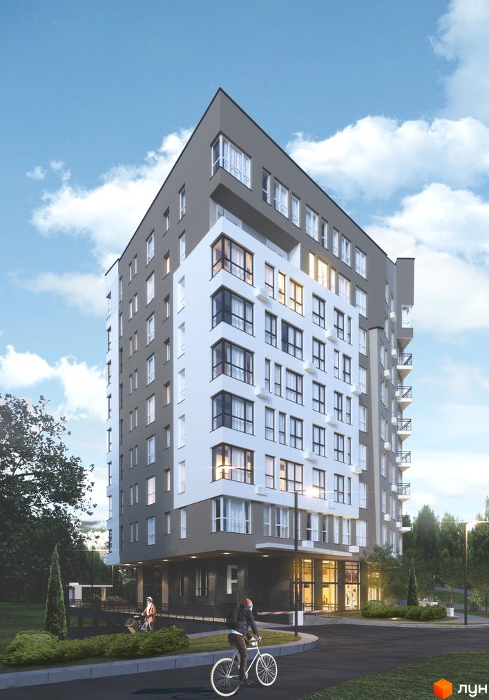 Житловий комплекс Роланд – це сучасна багатоповерхова новобудова з біло-сірим фасадом та великими вікнами. Навколо будинку облаштована прибудинкова територія з зеленими насадженнями та місцями для відпочинку.