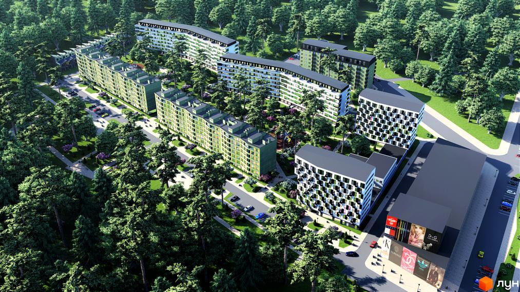 Житловий комплекс Park Town з сучасними будинками та доглянутою прибудинковою територією. На території комплексу є зелені зони, дитячі майданчики та парковка.
