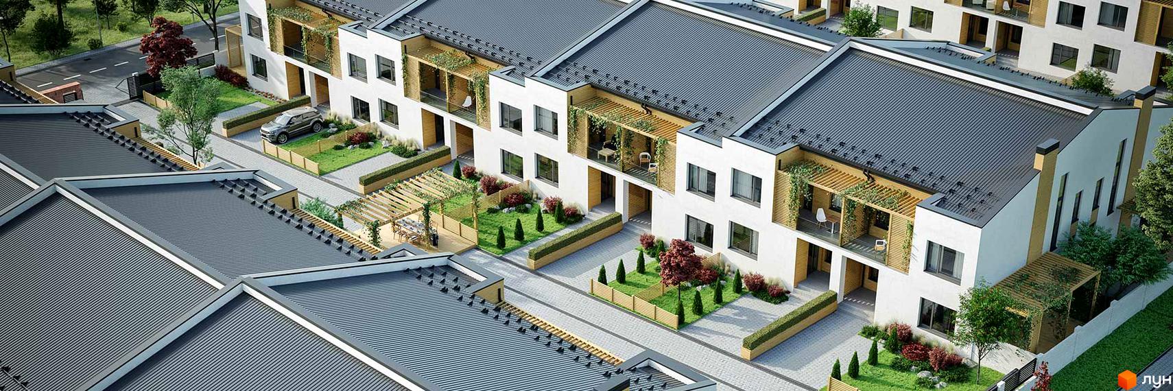 Котеджне містечко Golden Hills. Фасади будинків з великими вікнами та дерев'яними перголами. Прибудинкова територія з доглянутими газонами, деревами та доріжками.