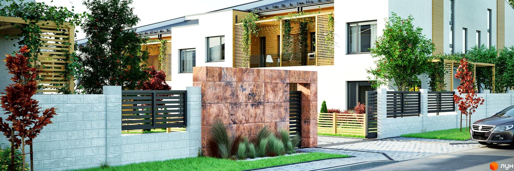 Котеджне містечко КМ Golden Hills з білими фасадами, дерев'яними перголами та зеленими насадженнями. Огороджена територія з сірими парканами та бруківкою.