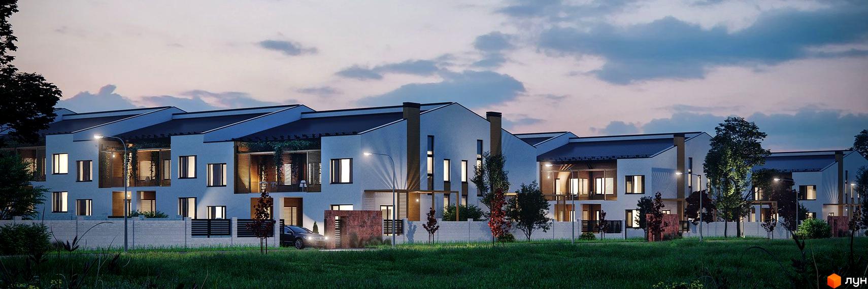 Котеджне містечко Golden Hills: фасади будинків з великими вікнами та терасами, освітлені ліхтарями. Навколо зелена територія з деревами та парканом.