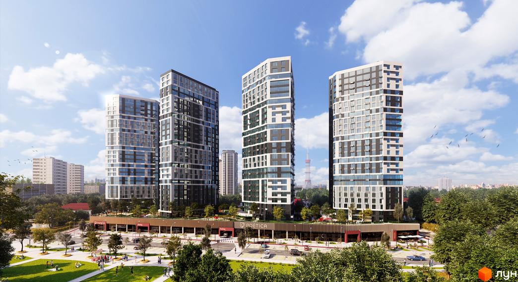 Зображення Житлового комплексу Poetica. Перша колекція. Вигляд на висотні будинки та прибудинкову територію з газонами та пішохідними зонами.