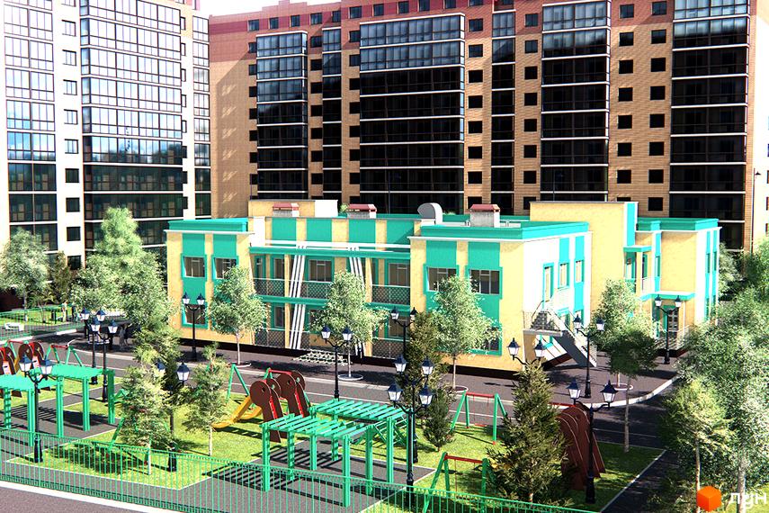 Житловий комплекс Turkish City: багатоповерхові будинки з панорамними вікнами та дитячий майданчик з гойдалками та гірками.