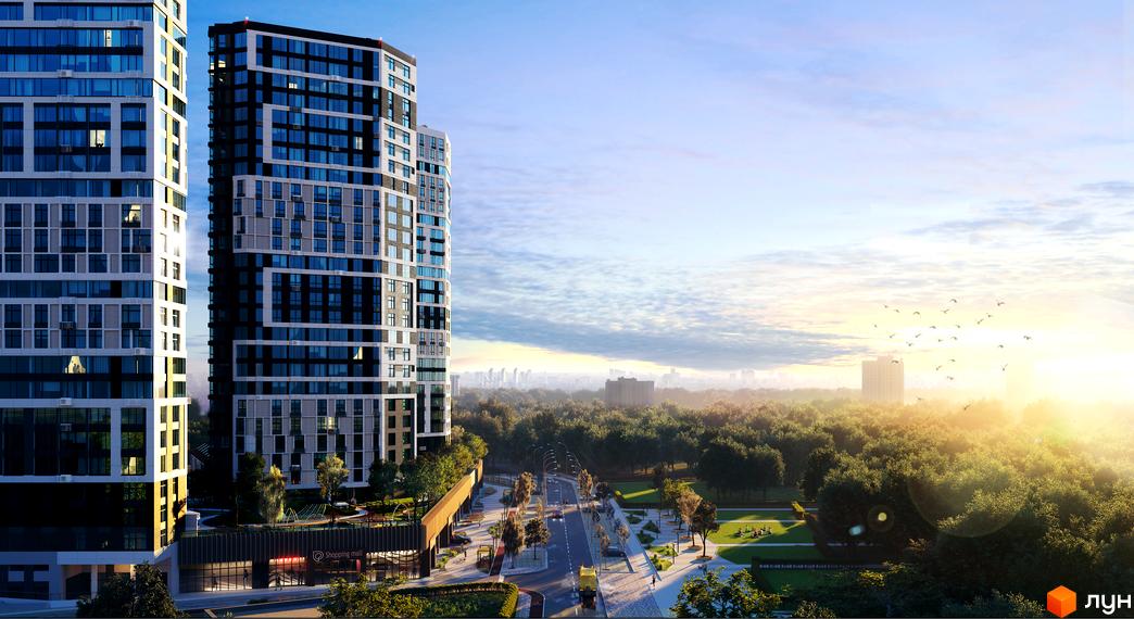 Житловий комплекс Poetica. Перша колекція з високими будинками, що мають світлі та темні фасади з численними вікнами. Поруч дорога, зелені зони та парк.