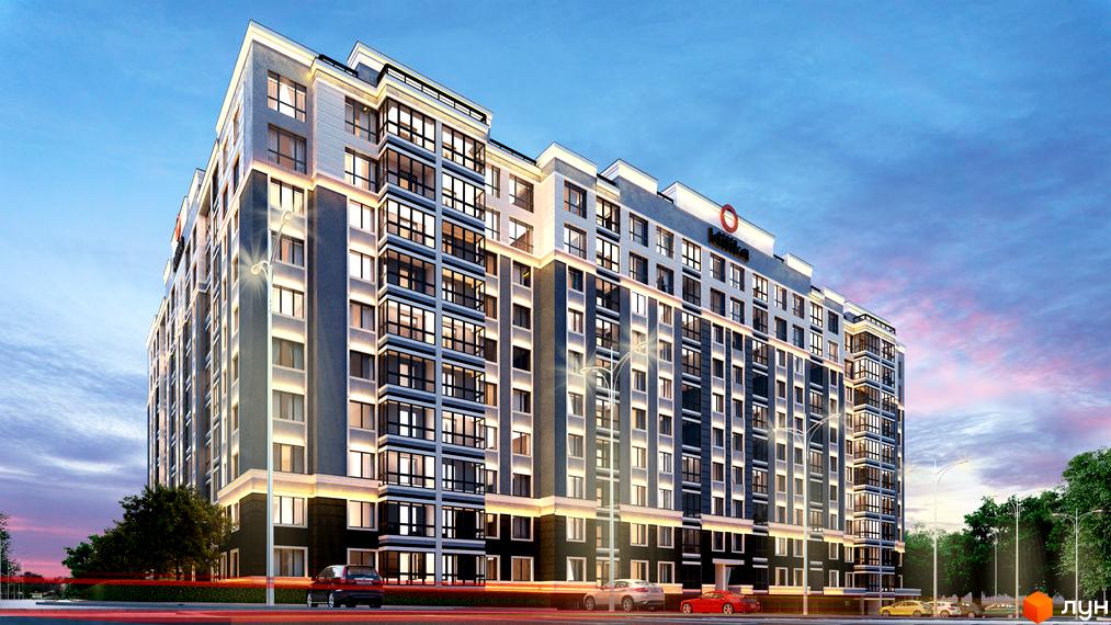 Зображення фасаду Новобудови Idilika з великими вікнами та освітленням. На передньому плані видно автомобілі та зелені дерева.