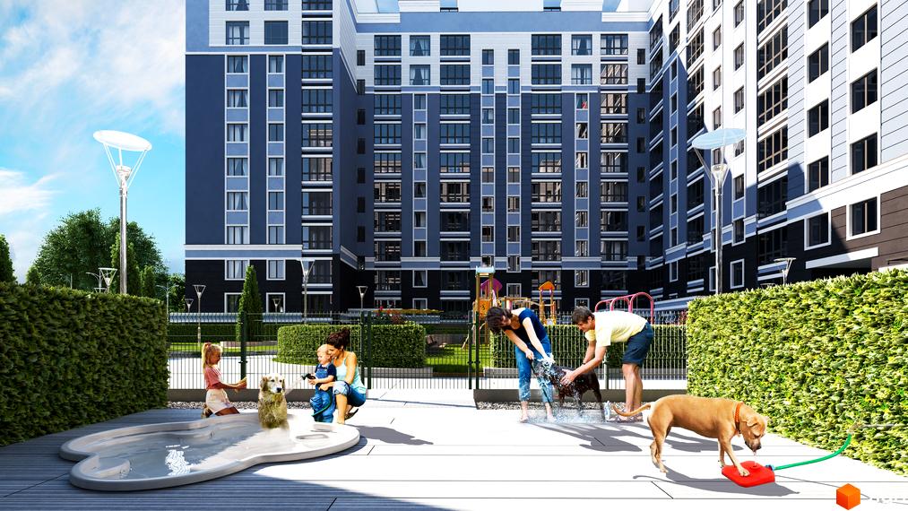 Зображення житлового комплексу Idilika з багатоповерховими будинками. На території облаштовано місце для вигулу та догляду за домашніми тваринами.