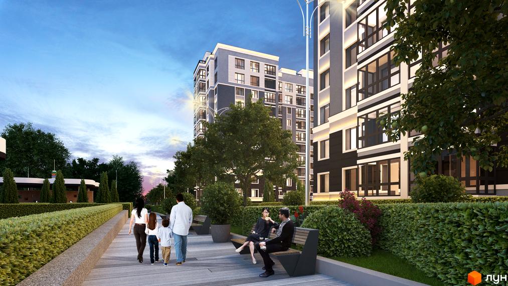 Житловий комплекс Idilika: багатоповерхові будинки з світлими та темними фасадами. Облаштована прибудинкова територія з доріжками, зеленню та лавками.