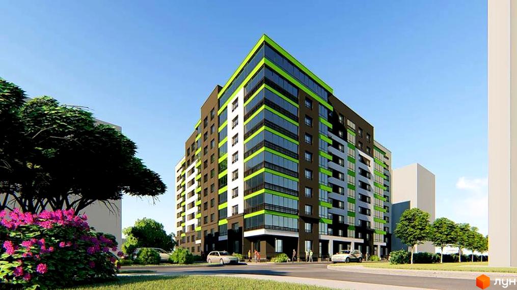 Житловий комплекс Green Line. Багатоповерховий будинок з фасадом у темних та світлих тонах з зеленими вставками. На прибудинковій території є дерева, кущі та парковка.